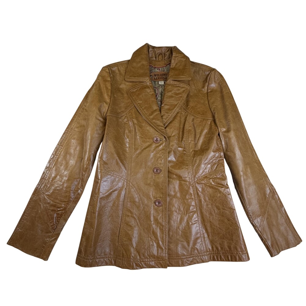 Vtg Wilsons Leather Jacket Womens XS Brown Genuine Leather Button Front Lined